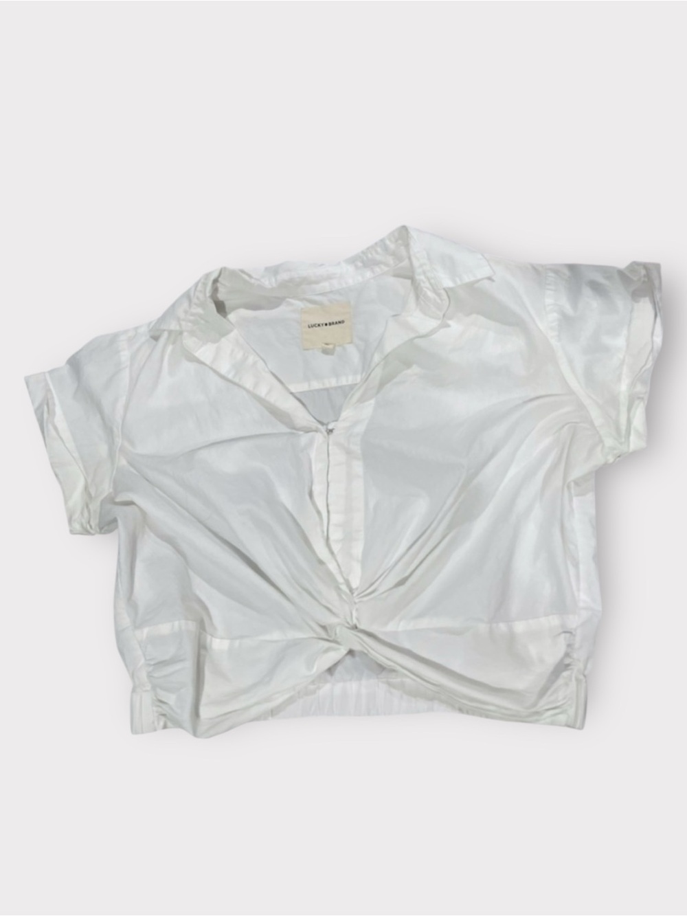 Lucky Brand White Twist Front Blouse Size M Short Sleeve hook clasp button down
